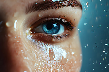 Radiant Beauty: Close-up of a Freshly Washed Face Showcasing Clean, Hydrated Skin with Water Droplets.の素材