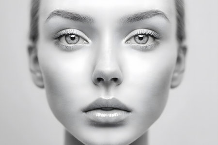 Neutral Symmetry: An Expressionless Face with Balanced Features Representing Beauty Balance and Harmony Conceptually.の素材