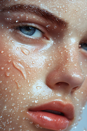 Pure Refreshment: Detailed Image of a Washed Face with Water, Emphasizing Cleanliness and Healthy Skin with Copy Space.の素材
