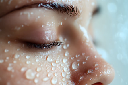 Pure Refreshment: Detailed Image of a Washed Face with Water, Emphasizing Cleanliness and Healthy Skin with Copy Space.の素材
