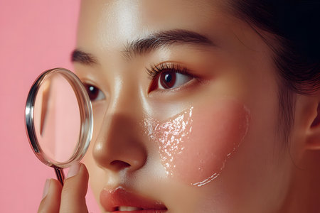 Dermatologist examining facial skin with a magnifying glass, skincare analysis.の素材