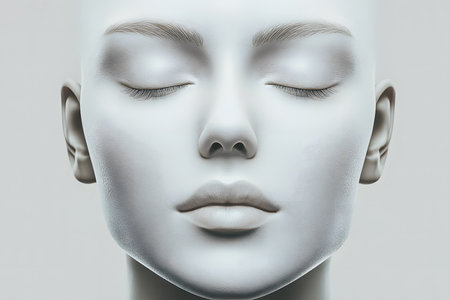 Expressionless face with symmetrical features, beauty balance concept.の素材