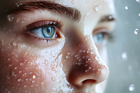 Hydrated and Clean: Close-up Portrait of a Freshly Washed Face, Highlighted by Water Droplets and Designed with Text Area.の素材