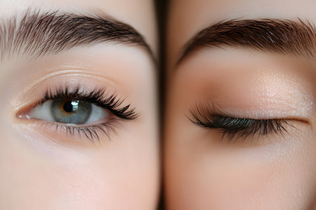 Enhanced Lashes: Demonstrating Eyelashes Before and After Mascara Application Highlighting the Makeup Effect Showcase.の素材