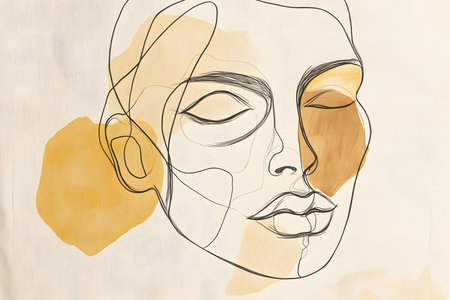 Minimalist one-line drawing of a face, abstract beauty representation.の素材