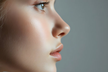 Elegant Side View: Side Profile of a Face Bathed in Natural Beauty Lighting, Embodying Simplicity and Elegance.の素材