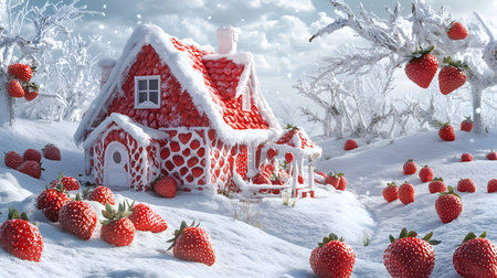A Snow-Covered House Decorated with Joyful Strawberry Patterns and Details.の素材
