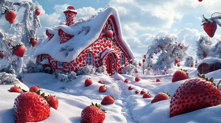Discover the Whimsical Strawberry-Themed House in a Magical Winter Landscape.の素材