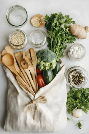 A cotton bag with fresh vegetables, glass jars, and wooden utensils on a neutral background. Ideal for zero waste, eco-living, and conscious consumerismの素材