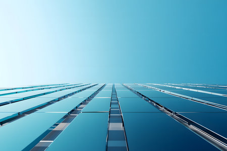 A row of solar panels reflecting a clear blue sky in a sustainable energy setting. Perfect for renewable energy, green living, and environmental awareness.の素材