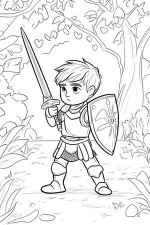 Imaginative Designs: A Young Knight's Coloring Page for Kids.の素材