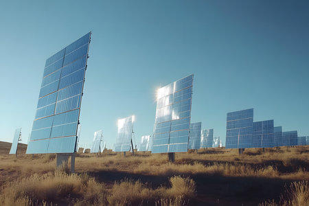 Visionary Clean Energy Future with Solar Panels Reflecting a Bright Sky.の素材