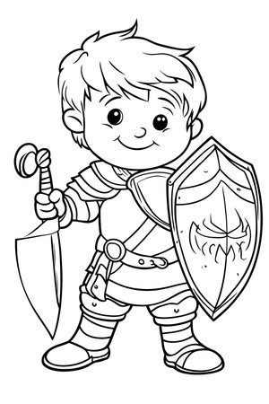 Coloring Adventure: Brave Young Knight with Sword and Shield.の素材