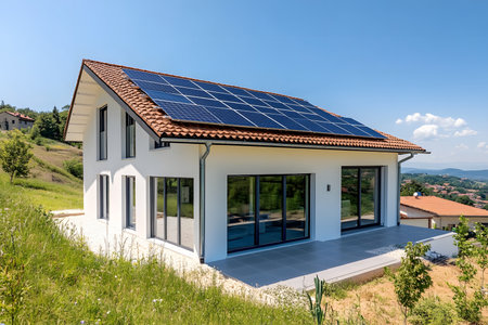 Clean energy concept with sunlight reflecting on modern solar panels.の素材