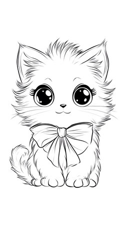 coloring page A simple black-and-white outline of a fluffy kitten with large eyes, wearing a bow on its neck. Perfect for easy coloring and beginner-friendly fun.の素材