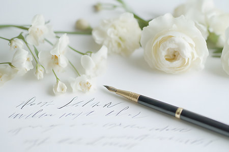 Calligraphy and journaling with delicate floral elements on a clean white desk.の素材