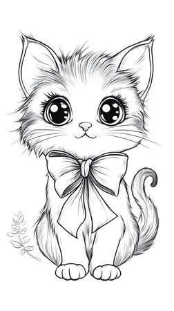 Fun and Simple Kitten Coloring Page with a Large Bow.の素材