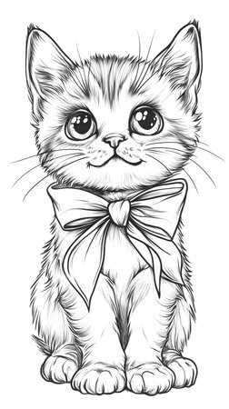 Adorable Coloring Page of a Kitten Sitting with a Bow.の素材