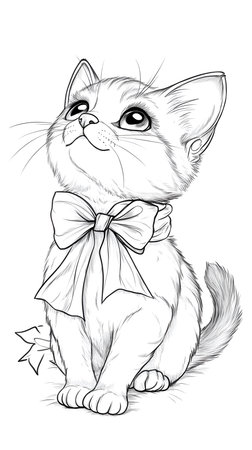 Cute Kitten Coloring Page Featuring a Big Bow.の素材