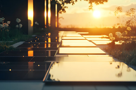 Bright Clean Energy Idea with Sunlight Shining on Contemporary Solar Panels.の素材