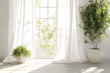 Fresh home decor with white curtains, natural light, and indoor green plants.の素材