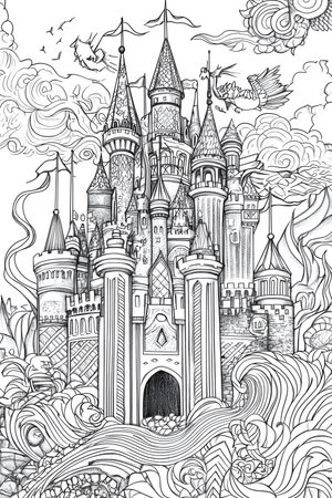Enchanted Castle with Towers and Flags coloring page.の素材