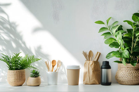 Green and Sustainable: Reusable Items Fresh Plants on a White Table Representing an Eco-Friendly Lifestyle.の素材