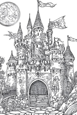 Magical Castle Outlines: Enchanted Castle with Towers and Flags Coloring Page for Kids.の素材