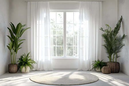 nviting Home Styling with White Drapes and Indoor Flora.の素材