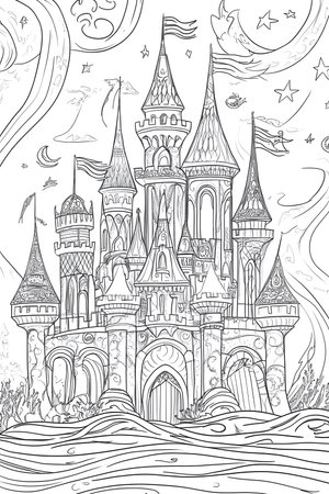 Castle with Towers and Flags: An Enchanted Coloring Page for Creative Kids.の素材