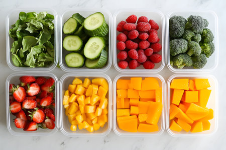Nutritious Spring Meal Preparation with Fresh Produce on a Light Background.の素材