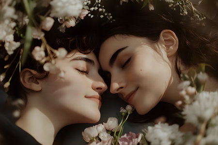 Romantic spring date with flowers and soft light, focusing on subtle emotions.の素材