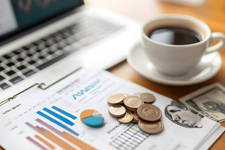 Personal Finance Planning - Budgeting Notebook with Coffee and Laptop.の素材