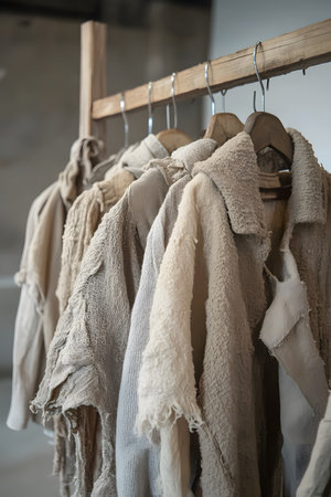 Discover the Beauty of Sustainable Fashion Featuring Neutral Toned Clothing on Hangers.の素材