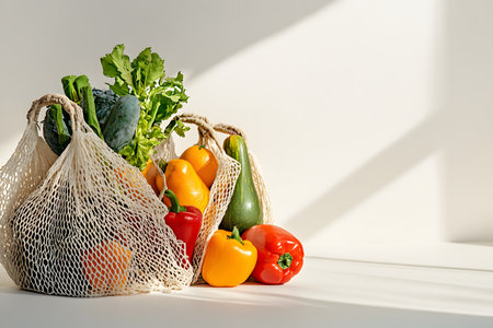 Sustainable Shopping - Reusable Bags and Eco Products on a Light Surface.の素材