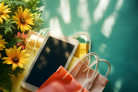 Engaging in Springtime Sales with Colorful Shopping Bags and a Digital Tablet.の素材