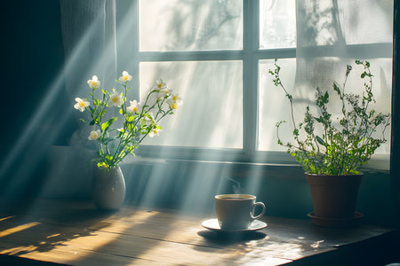 Enjoying a Spring Morning with Sun Rays and a Fresh Cup of Coffee.の素材