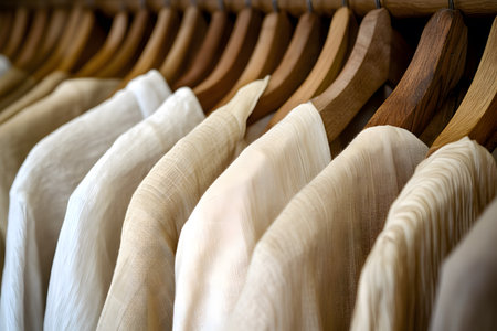 Embracing Sustainable Fashion with Neutral Toned Clothing on Wooden Hangersの素材