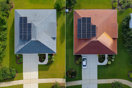 Top view of 2 houses, one has solar panels installed, the other does not and you can see that the house without solar panels lives worse.の素材