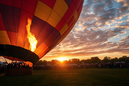 Hot Air Balloon Sunrise: A Close-up of a Giant Hot Air Balloon Inflating at Sunrise, with a Crowd Excitedly Preparing for the Launch.の素材
