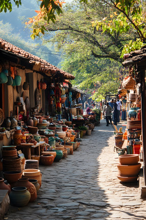 Outdoor Craft Fair: A Bustling Outdoor Craft Fair with Artisans Selling Handmade Pottery, Woven Baskets, and Traditional Textiles Under Wooden Stalls.の素材