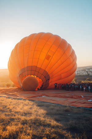Hot Air Balloon Sunrise: A Close-up of a Giant Hot Air Balloon Inflating at Sunrise, with a Crowd Excitedly Preparing for the Launch.の素材