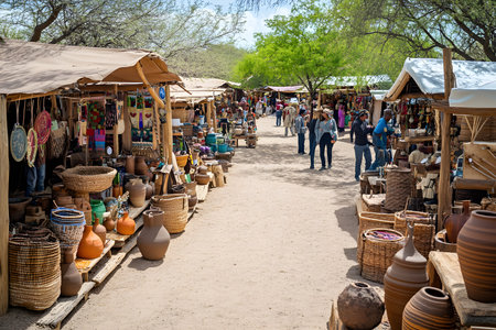 Artisan Craft Fair: A Bustling Outdoor Craft Fair Where Artisans Sell Handmade Pottery, Woven Baskets, and Traditional Textiles From Under Wooden Stalls.の素材