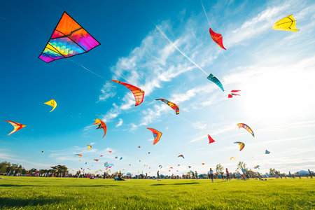 A bright summer sky filled with colorful kites of various shapes and sizes, as families enjoy flying them on a grassy fieldの素材