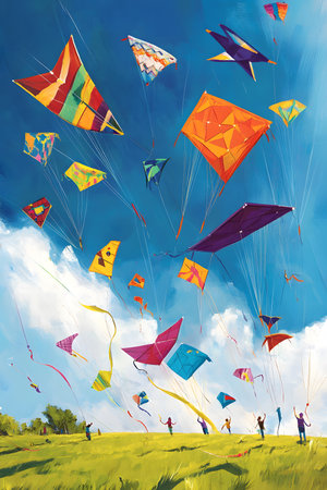 Summer Kite Festival: A Bright Summer Sky Filled with Colorful Kites of Various Shapes and Sizes, as Families Celebrate Flying Them on a Grassy Field.の素材