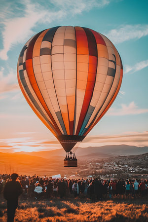 Sunrise Balloon Launch: A Close-up of a Giant Hot Air Balloon Being Inflated at Sunrise, with an Excited Crowd Preparing for the Adventure.の素材