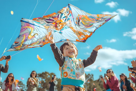A child joyfully launching a large, artistic kite at a kite festival, surrounded by people cheering and taking picturesの素材