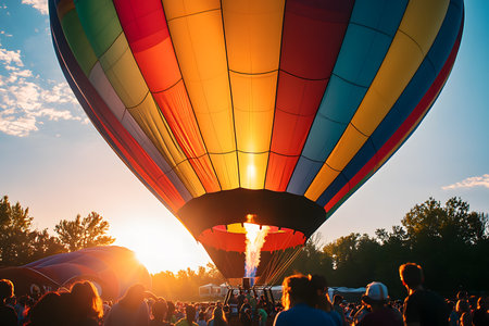 Giant Balloon Inflation: A Close-up of a Giant Hot Air Balloon Inflating at Sunrise as a Crowd Excitedly Prepares for the Morning Launch.の素材