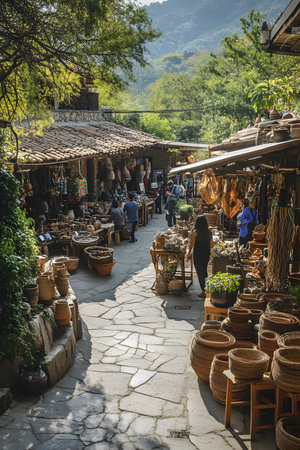Outdoor Craft Fair: A Bustling Outdoor Craft Fair with Artisans Selling Handmade Pottery, Woven Baskets, and Traditional Textiles Under Wooden Stalls.の素材