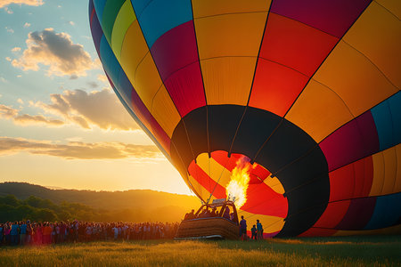 A close-up of a giant hot air balloon inflating at sunrise, with a crowd excitedly preparing for the launchの素材
